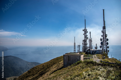 Monte Fasce telecommunication towers and sea view in Genoa, Italy