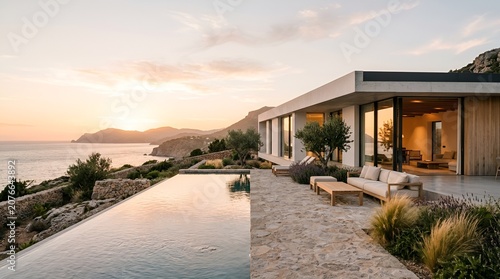 Modern Luxury Villa with Infinity Pool Overlooking Mediterranean Sea at Sunset
