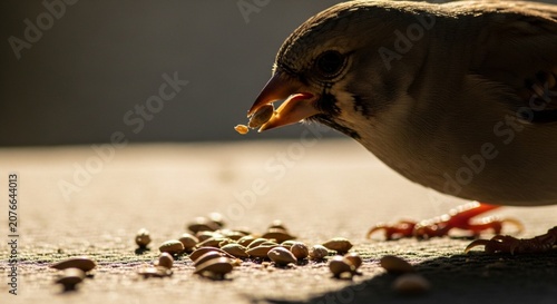 Close-up of sparrow eating seeds on ground in sunlight.