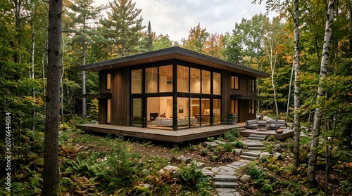 Modern Wood Cabin House with Large Glass Windows in Forest Setting