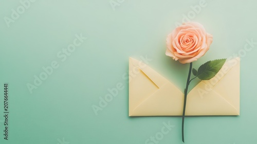 Pastel Rose in Envelope on Mint Background