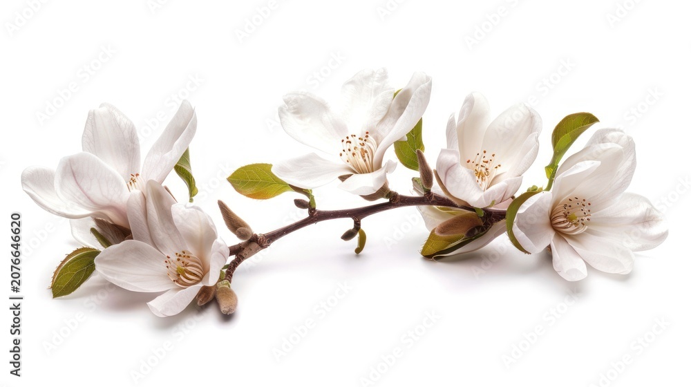 Naklejka premium A delicate branch adorned with white magnolia flowers against a pristine white background. 
