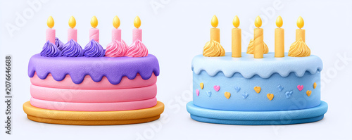 Two colorful birthday cakes with lit candles