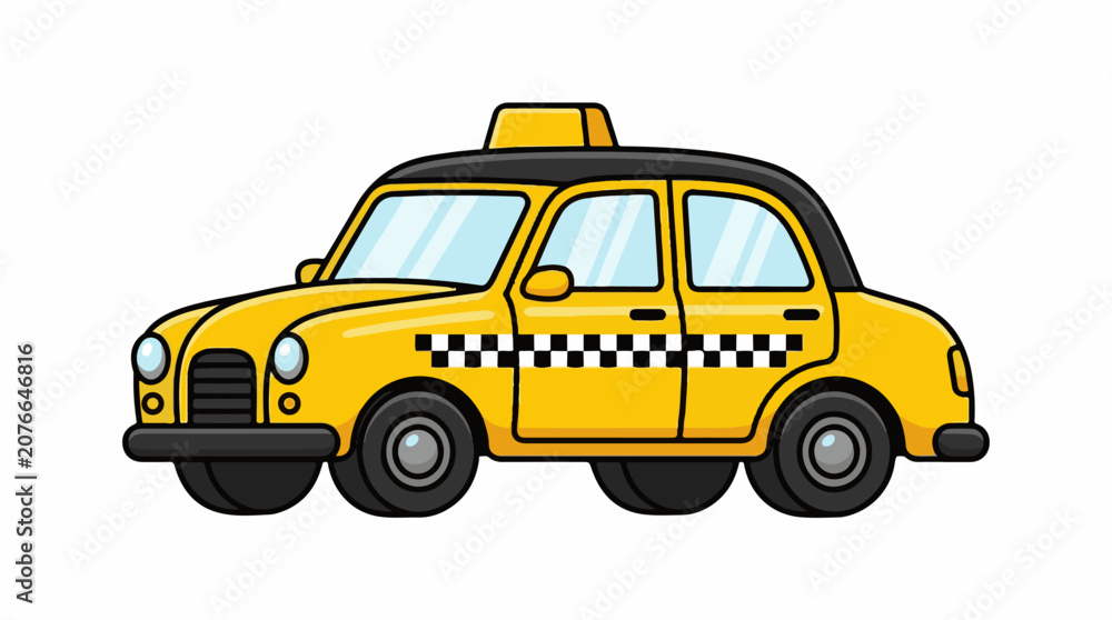 Obraz premium A cartoon-style illustration of a yellow taxi cab with a black roof and checkered side stripe