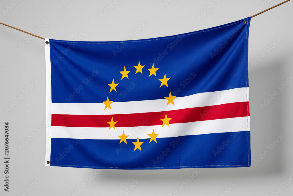 Fototapeta premium Cape Verde National Flag Hanging on Rope Cabo Verde African Banner Background
