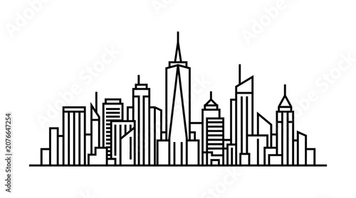 Fotografie Modern city skyline outline illustration with numerous buildings on an isolated white background
