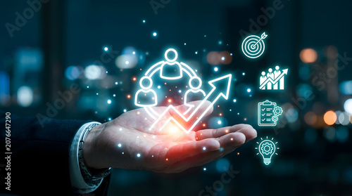 Business Growth And Team Networking Concept With Rising Arrow, Leadership Icons And Innovation