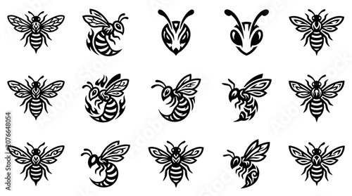Schilderij op canvas Black line art hornet and wasp symbols.