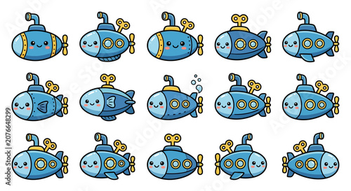 Canvastavla Blue cartoon wind-up submarine toy icon set.