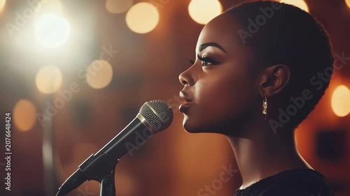 Young Black Woman Singing Emotionally into Microphone on Stage with Bokeh Lights