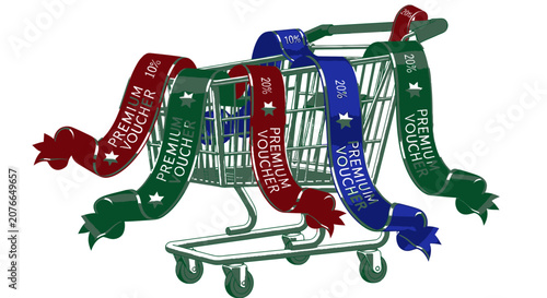 Shopping Cart with Colorful Ribbons and Discount Vouchers