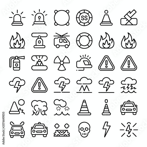 Emergency, Disaster and Safety Outline Icons Set – Warning, Fire, Storm, Rescue