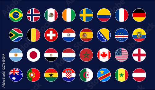 Circular flags of the countries that qualified for the knockout stage of the 2026 international football tournament.