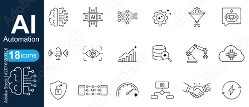 AI automation line icon set of artificial intelligence and machine learning
