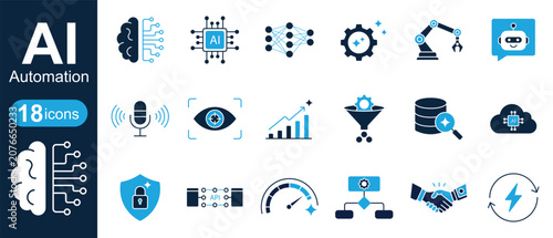 AI automation two-tone glyph icon set. Artificial intelligence and machine learning solid color filled vector icons.

