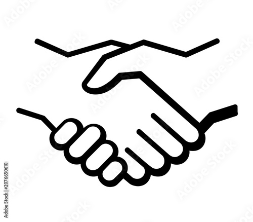 A clean flat vector line icon presents two hands shaking, useful for contract signing, client onboarding, partnership pages, and deal concepts.