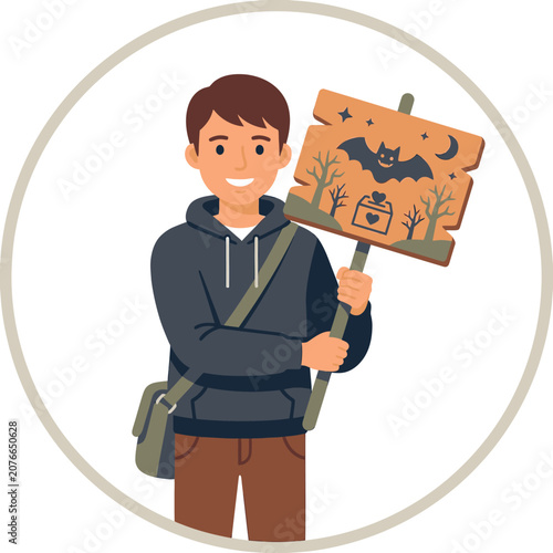 The Image Is An Illustration Of A Young Man Holding A Sign With A Bat On