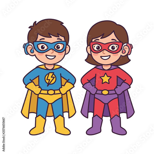The Image Shows Two Children A Boy And A Girl Dressed Up As Superheroes