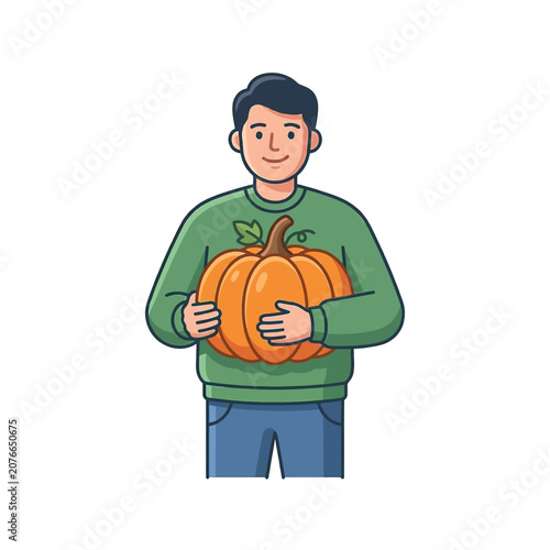 The Image Is An Illustration Of A Young Man Holding A Large Orange Pumpkin