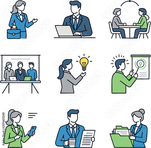 Business Team Collaboration and Brainstorming in Modern Office Setting Flat Design