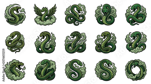Foto Green snake and serpent mascot icons with smoke elements.