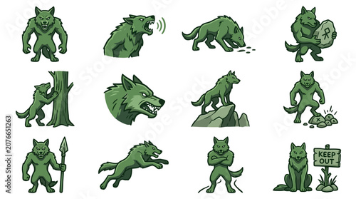 Schilderij op canvas Green werewolf mascot character set in various action poses.