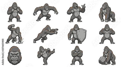 Photography Grey gorilla character sheet with shield and combat poses.