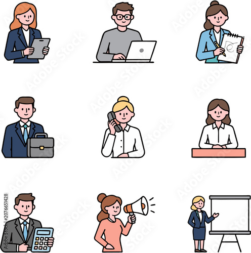 Professional Business People Working and Communicating in Office Flat Design Illustration