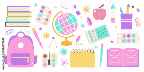 Quadro su tela School Supplies Illustration With Colorful Palette And Globe