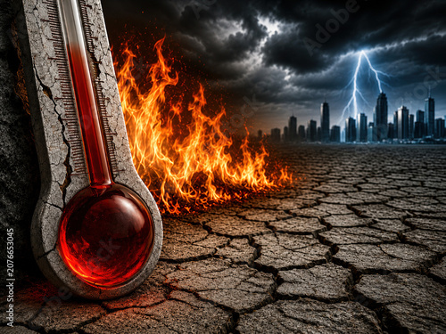 Concept of extreme climate change with a red-hot thermometer, cracked ground, forest fires, lightning storm, and threatened city, symbolizing global warming, environmental crisis, and extreme weather