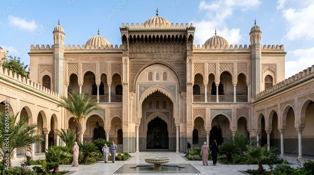 Obraz premium Ornate Moroccan Courtyard Architecture with People and Fountain