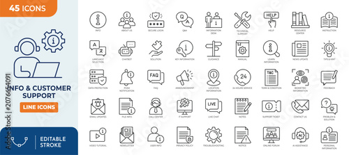 Info and customer support line editable icon set. Containing information, help desks, call centers, support, assistance, technical support, faq and more. Editable stroke. Vector illustration