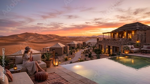 Luxury desert resort at sunset, woman relaxing by infinity pool with view