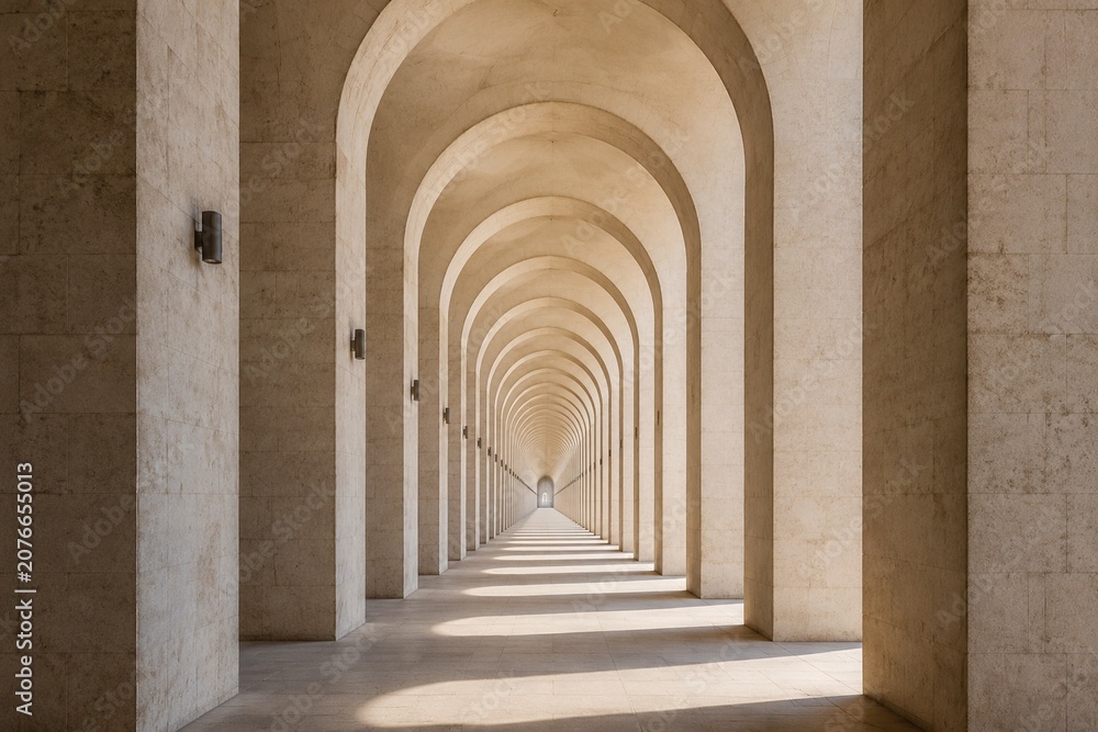 Fototapeta premium receding. Endless architectural arcade with identical arched structures receding into the distance. real-estate listings.