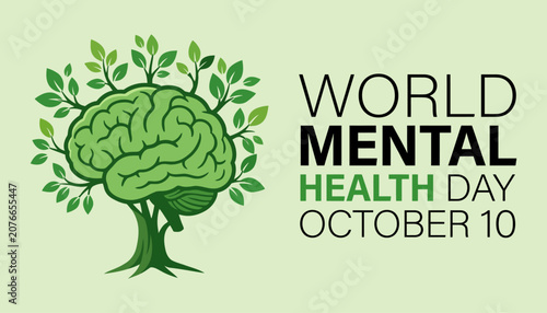 World mental health day concept with a brain shaped tree and october 10th date illustration