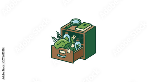 Botanical Archive: Drawer with Plants, Jars, Magnifying Glass, and Book