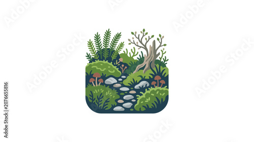 Enchanted forest path with moss, ferns, mushrooms, and stones illustration