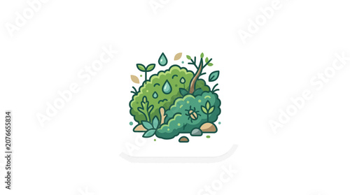 Cute nature scene with moss, plants, raindrops and a ladybug, cartoon style.