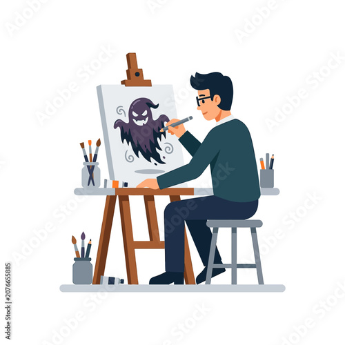 The Image Shows A Young Man Sitting On A Stool In Front Of An Easel With A