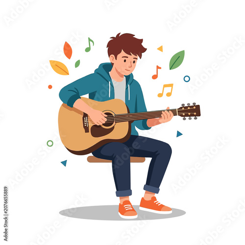 The Image Shows A Young Man Sitting On A Stool And Playing An Acoustic