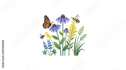 Monarch Butterfly and Bees on Echinacea Flowers, Wildflowers Meadow Illustration