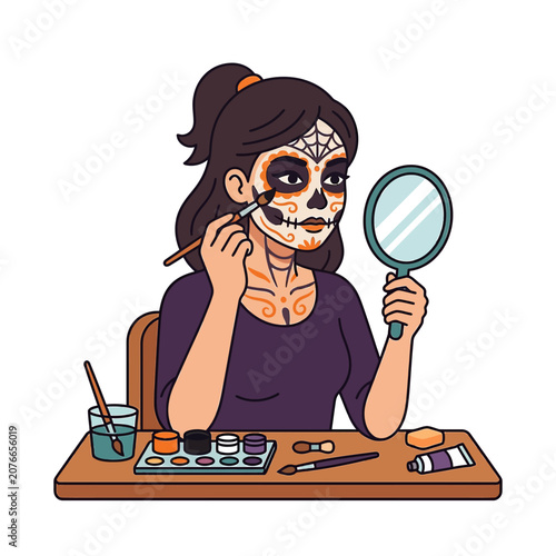 The Image Shows A Young Woman Sitting At A Desk With A Makeup Palette And