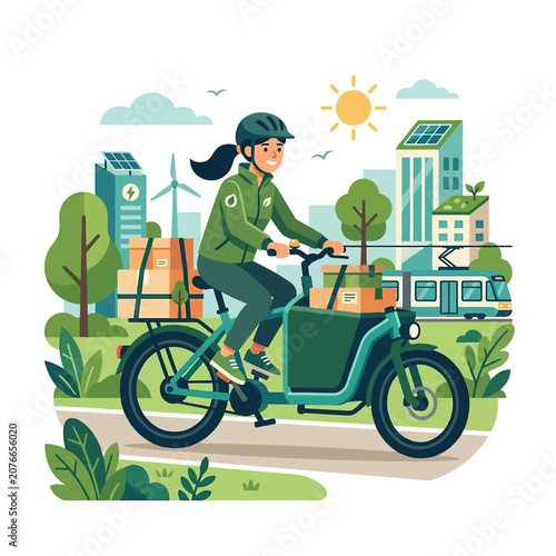 The Image Shows A Young Woman Riding A Green Bicycle With A Cargo Box