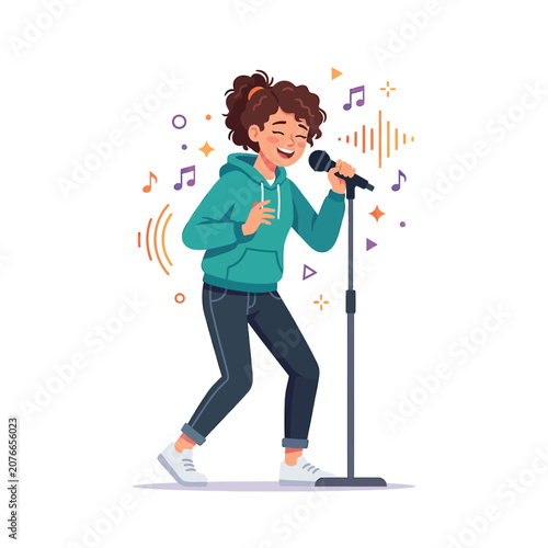 The Image Shows A Young Woman Singing Into A Microphone She Is Wearing A