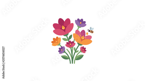 Cute Bee Flying Near Colorful Blooming Flowers, Spring Nature Illustration