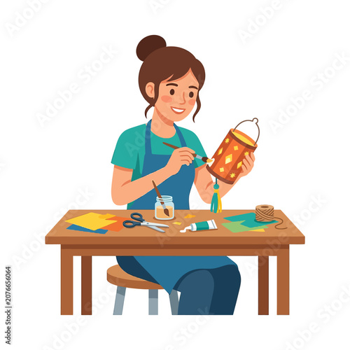 The Image Shows A Young Woman Sitting At A Wooden Table With A Pair Of