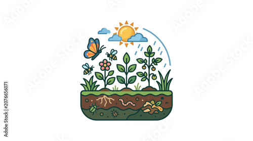 Organic Garden Ecosystem: Plants, Insects, Sun, Rain, Soil Life