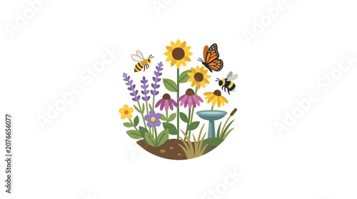 Summer Garden Scene: Bees, Butterfly, Sunflowers, Coneflowers and Lavender