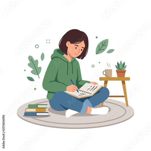 The Image Shows A Young Woman Sitting On The Floor In A Circle Writing In