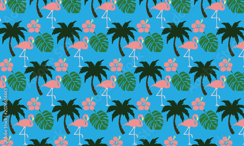 seamless background with palm trees flamingo